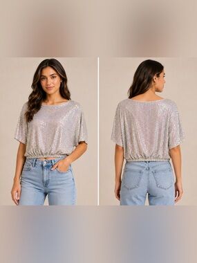 Sugar Fox Iridescent Sequin Dolman Sleeve Party Top Silver Pink L
